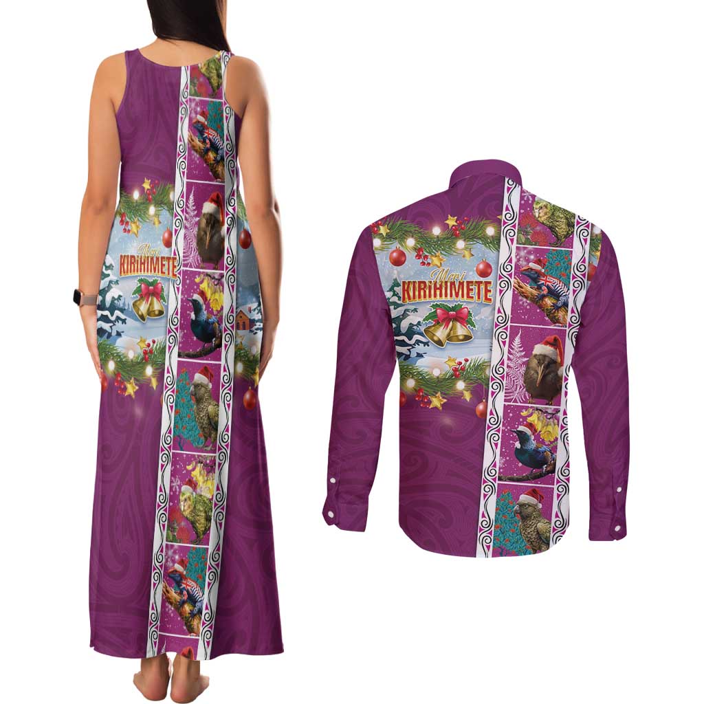 New Zealand Merry Christmas Couples Matching Tank Maxi Dress and Long Sleeve Button Shirt Maori Animals, Koru Tattoo - Pink Xmas Style