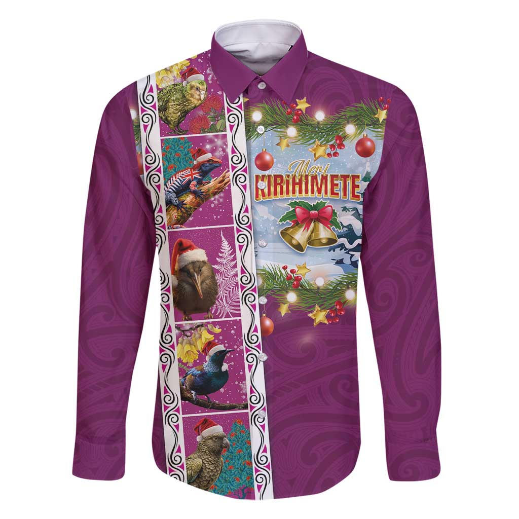 New Zealand Merry Christmas Family Matching Mermaid Dress and Hawaiian Shirt Maori Animals, Koru Tattoo - Pink Xmas Style LT03 Dad's Shirt - Long Sleeve Pink - Polynesian Pride