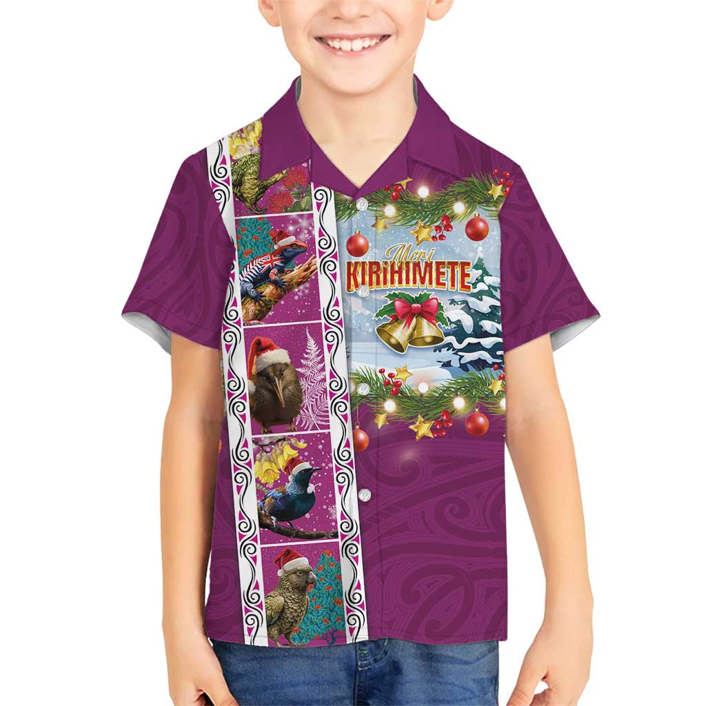 New Zealand Merry Christmas Family Matching Off Shoulder Maxi Dress and Hawaiian Shirt Maori Animals, Koru Tattoo - Pink Xmas Style LT03 Son's Shirt Pink - Polynesian Pride