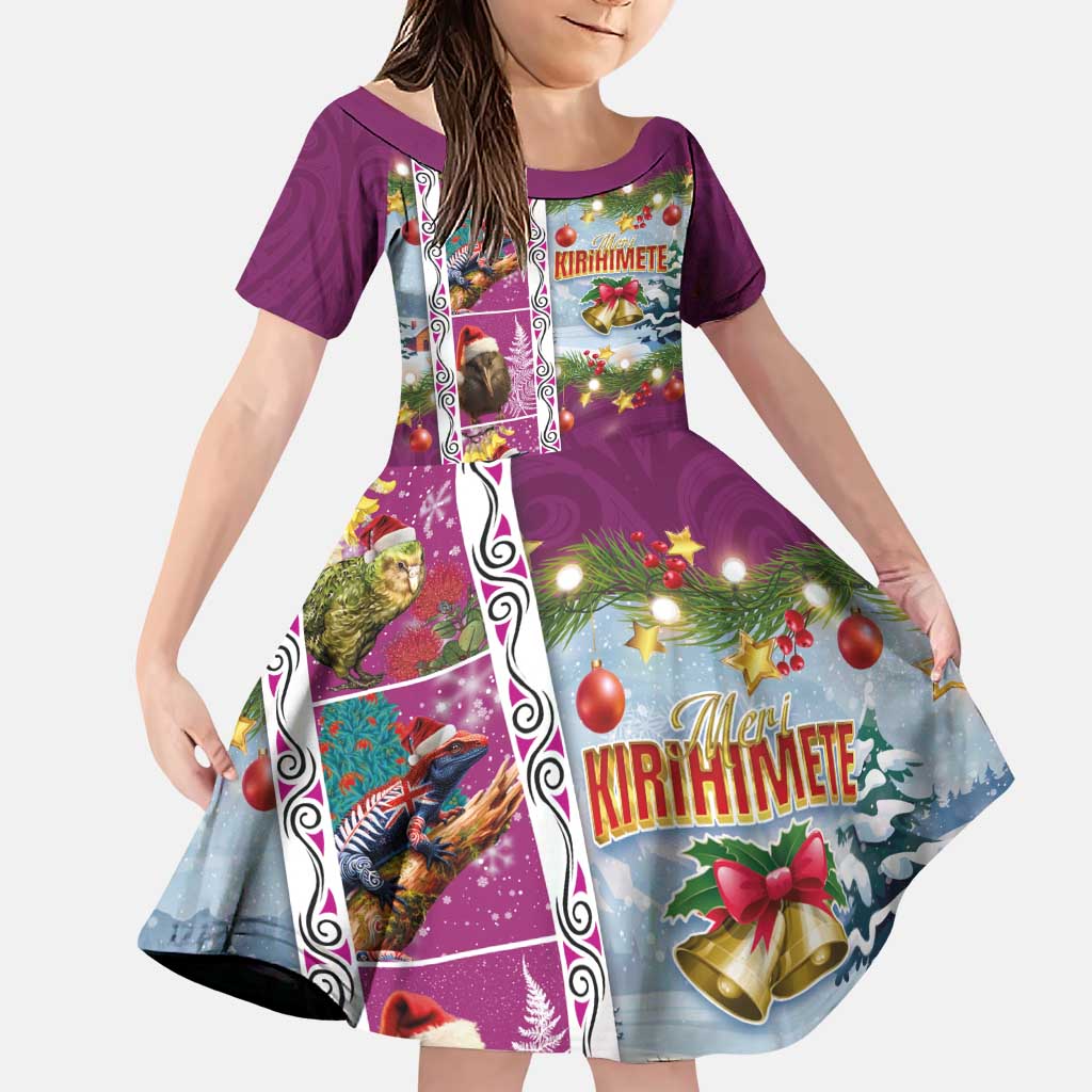 New Zealand Merry Christmas Family Matching Puletasi and Hawaiian Shirt Maori Animals, Koru Tattoo - Pink Xmas Style LT03 Daughter's Dress Pink - Polynesian Pride