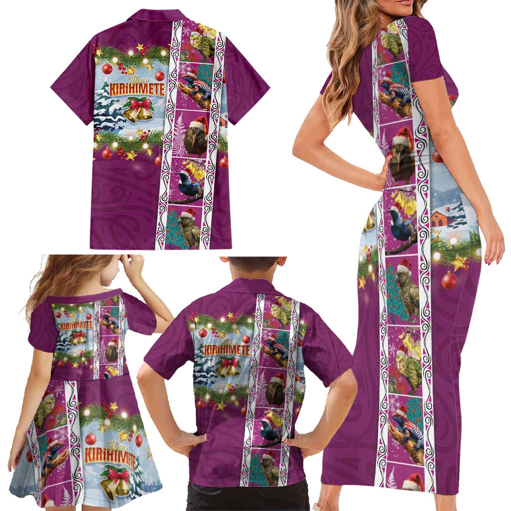 New Zealand Merry Christmas Family Matching Short Sleeve Bodycon Dress and Hawaiian Shirt Maori Animals, Koru Tattoo - Pink Xmas Style LT03 - Polynesian Pride
