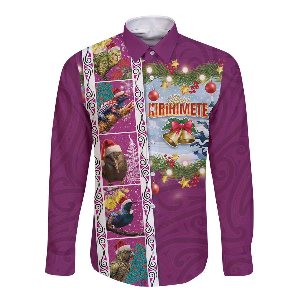New Zealand Merry Christmas Long Sleeve Button Shirt Maori Animals, Koru Tattoo - Pink Xmas Style LT03 Unisex Pink - Polynesian Pride