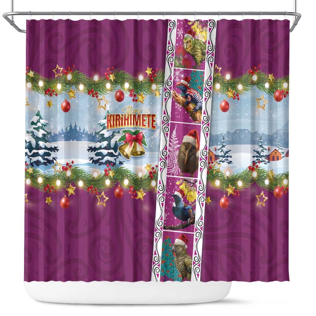 New Zealand Merry Christmas Shower Curtain Maori Animals, Koru Tattoo - Pink Xmas Style LT03 Pink - Polynesian Pride