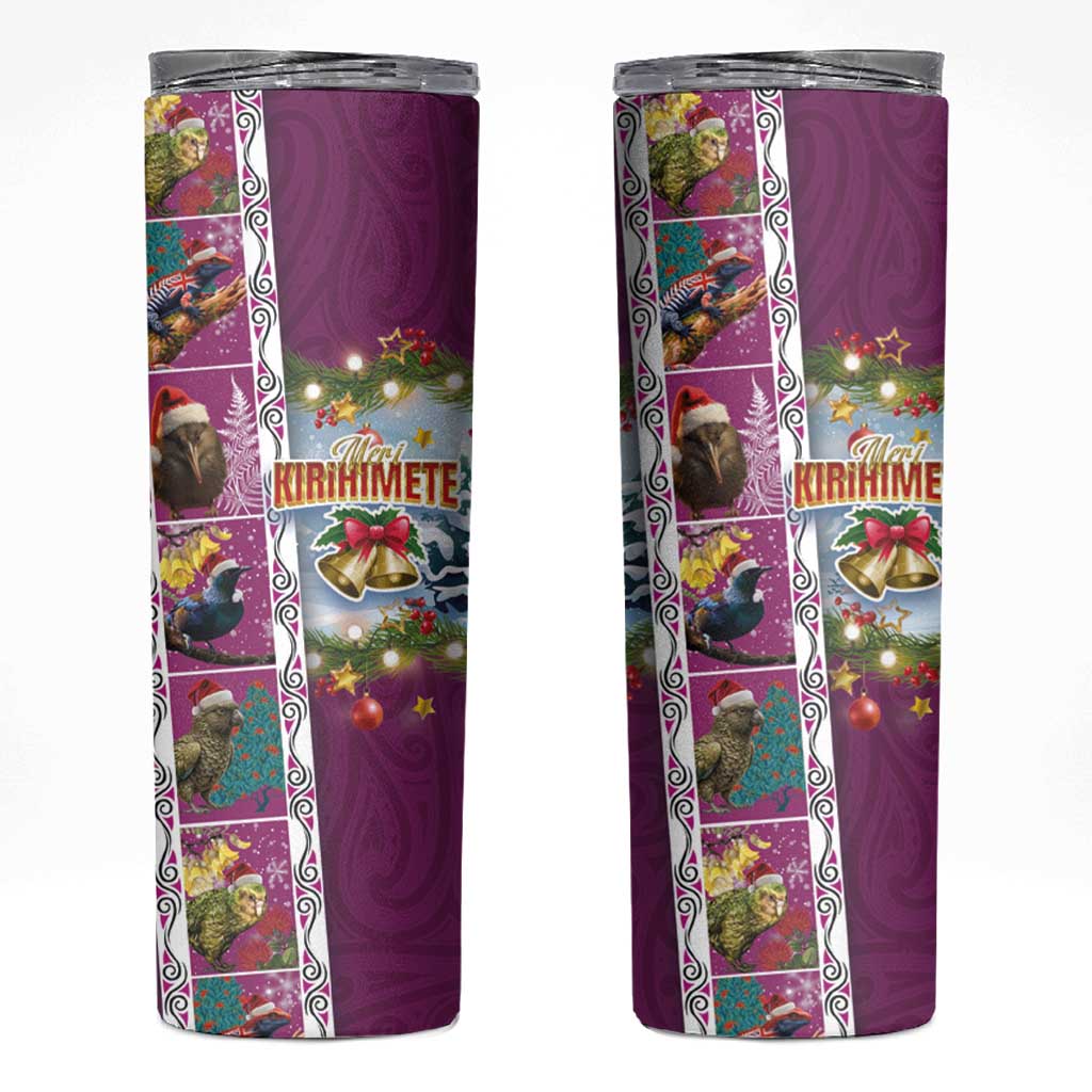 New Zealand Merry Christmas Skinny Tumbler Maori Animals Xmas Style and Koru Tattoo Pink Color LT03 Pink - Polynesian Pride