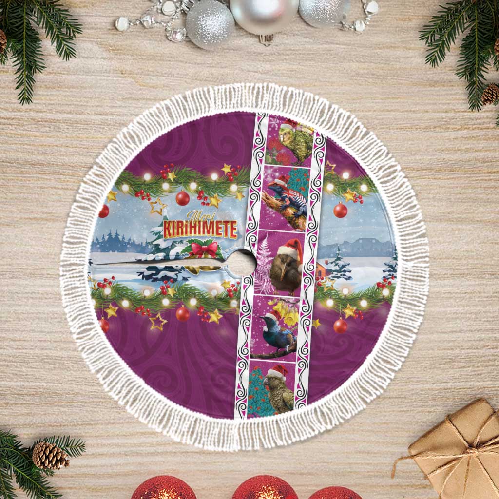 New Zealand Merry Christmas Tree Skirt Maori Animals, Koru Tattoo - Pink Xmas Style LT03 Fringed Pink - Polynesian Pride