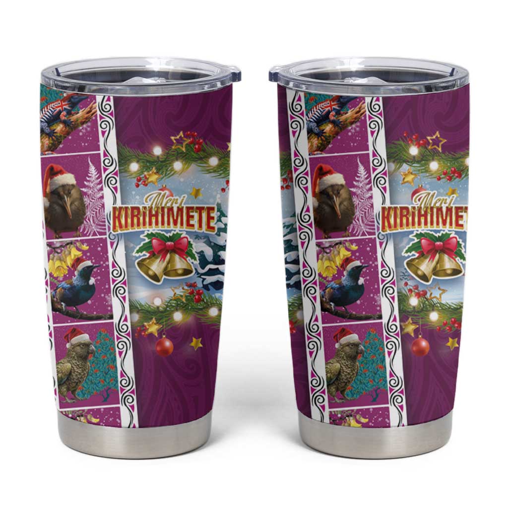 New Zealand Merry Christmas Tumbler Cup Maori Animals Xmas Style and Koru Tattoo Pink Color