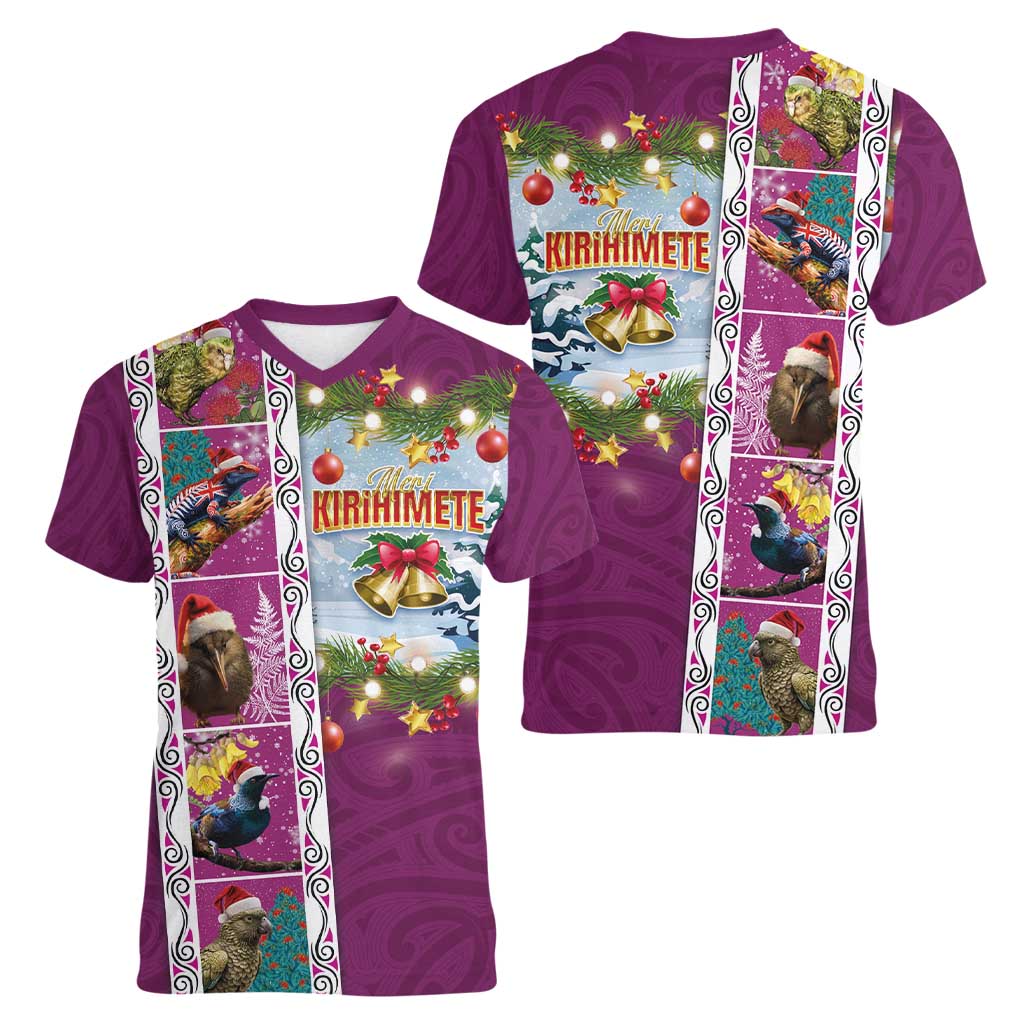 New Zealand Merry Christmas Women V-Neck T-Shirt Maori Animals, Koru Tattoo - Pink Xmas Style LT03 - Polynesian Pride