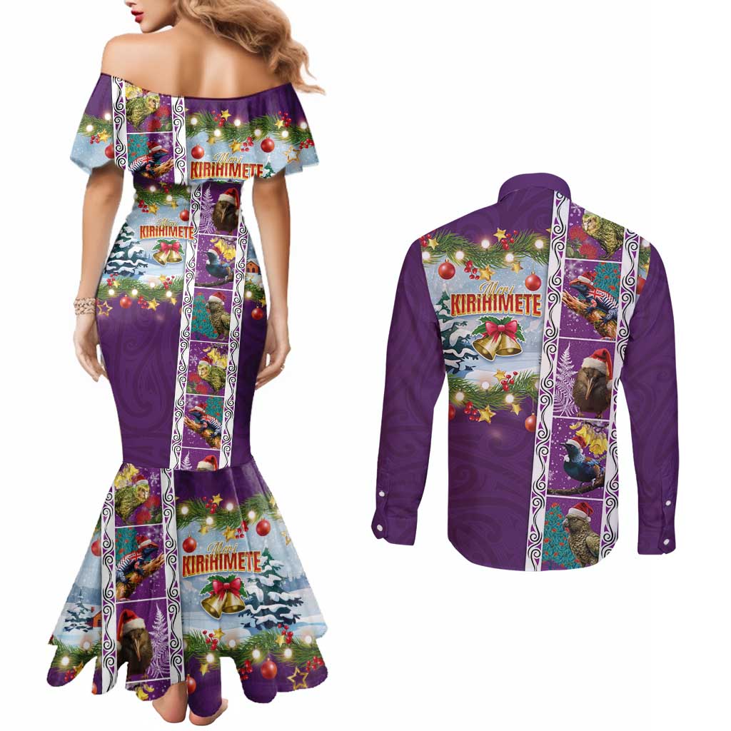 New Zealand Merry Christmas Couples Matching Mermaid Dress and Long Sleeve Button Shirt Maori Animals, Koru Tattoo - Purple Xmas Style