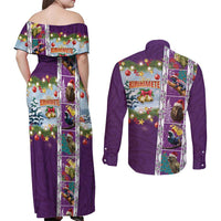 New Zealand Merry Christmas Couples Matching Off Shoulder Maxi Dress and Long Sleeve Button Shirt Maori Animals, Koru Tattoo - Purple Xmas Style