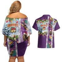 New Zealand Merry Christmas Couples Matching Off Shoulder Short Dress and Hawaiian Shirt Maori Animals, Koru Tattoo - Purple Xmas Style LT03 - Polynesian Pride