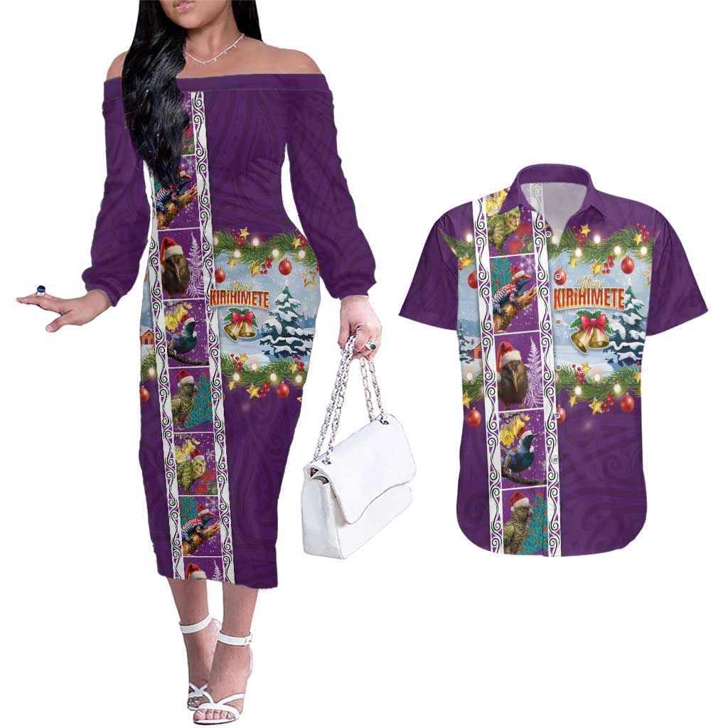 New Zealand Merry Christmas Couples Matching Off The Shoulder Long Sleeve Dress and Hawaiian Shirt Maori Animals, Koru Tattoo - Purple Xmas Style
