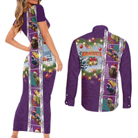 New Zealand Merry Christmas Couples Matching Short Sleeve Bodycon Dress and Long Sleeve Button Shirt Maori Animals, Koru Tattoo - Purple Xmas Style