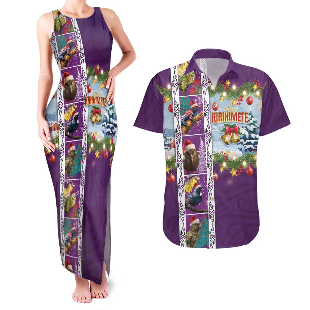 New Zealand Merry Christmas Couples Matching Tank Maxi Dress and Hawaiian Shirt Maori Animals, Koru Tattoo - Purple Xmas Style