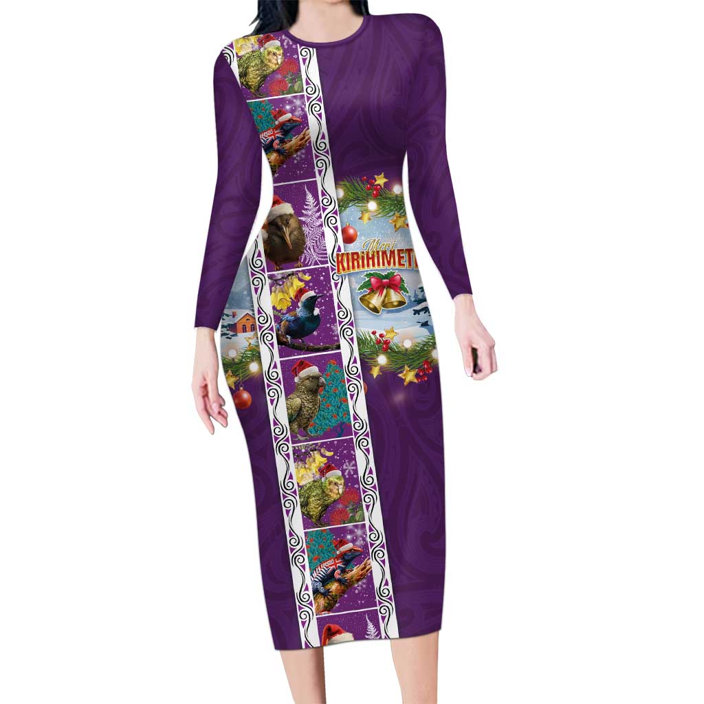 New Zealand Merry Christmas Family Matching Long Sleeve Bodycon Dress and Hawaiian Shirt Maori Animals, Koru Tattoo - Purple Xmas Style LT03 Mom's Dress Purple - Polynesian Pride