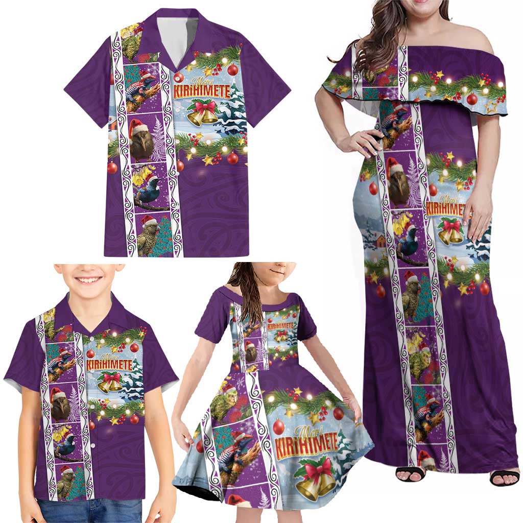 New Zealand Merry Christmas Family Matching Off Shoulder Maxi Dress and Hawaiian Shirt Maori Animals, Koru Tattoo - Purple Xmas Style LT03 - Polynesian Pride
