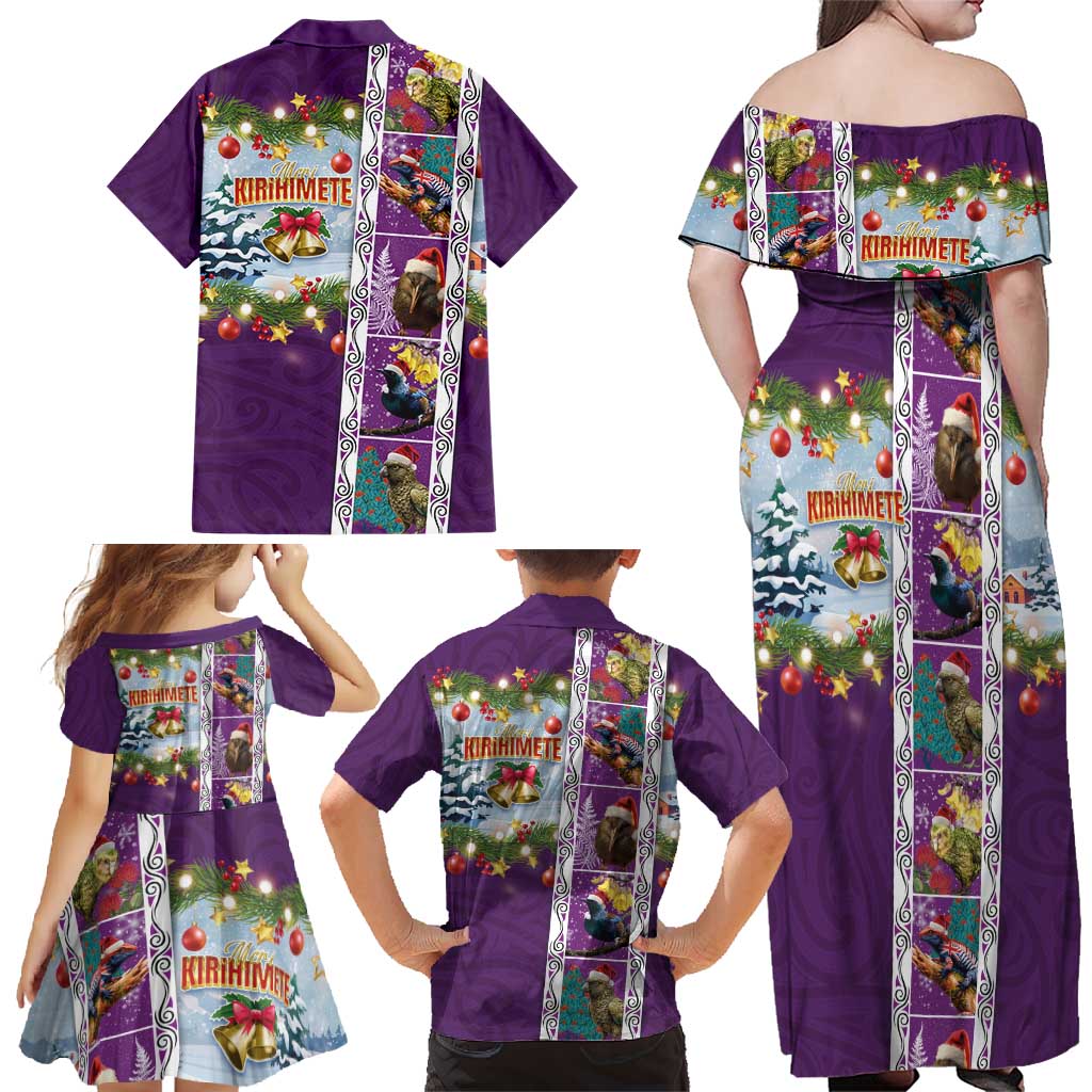 New Zealand Merry Christmas Family Matching Off Shoulder Maxi Dress and Hawaiian Shirt Maori Animals, Koru Tattoo - Purple Xmas Style LT03 - Polynesian Pride