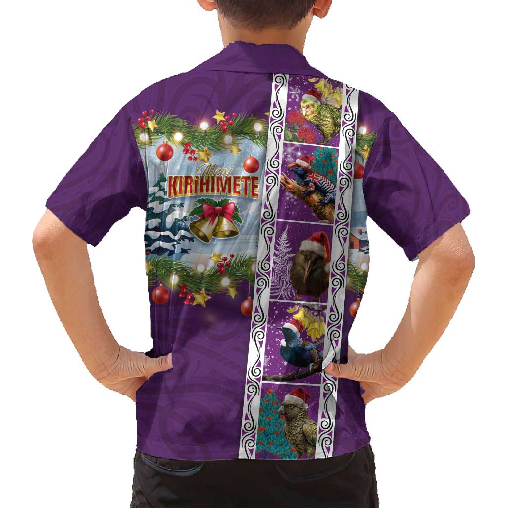 New Zealand Merry Christmas Family Matching Off Shoulder Short Dress and Hawaiian Shirt Maori Animals, Koru Tattoo - Purple Xmas Style LT03 - Polynesian Pride