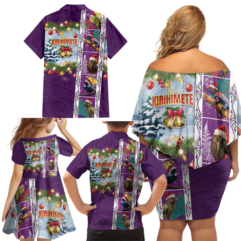 New Zealand Merry Christmas Family Matching Off Shoulder Short Dress and Hawaiian Shirt Maori Animals, Koru Tattoo - Purple Xmas Style LT03 - Polynesian Pride