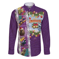 New Zealand Merry Christmas Family Matching Puletasi and Hawaiian Shirt Maori Animals, Koru Tattoo - Purple Xmas Style LT03 Dad's Shirt - Long Sleeve Purple - Polynesian Pride