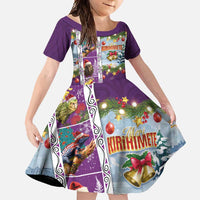 New Zealand Merry Christmas Family Matching Short Sleeve Bodycon Dress and Hawaiian Shirt Maori Animals, Koru Tattoo - Purple Xmas Style LT03 Daughter's Dress Purple - Polynesian Pride