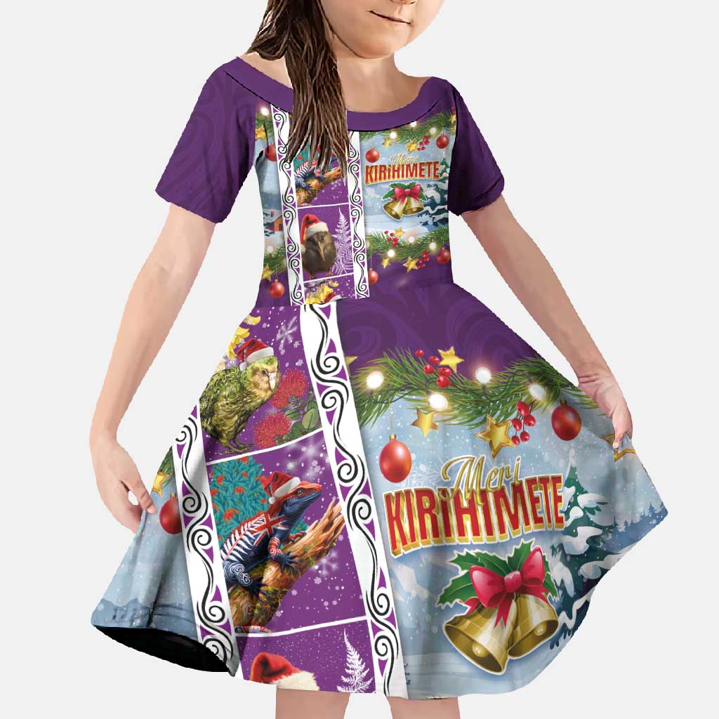 New Zealand Merry Christmas Family Matching Summer Maxi Dress and Hawaiian Shirt Maori Animals, Koru Tattoo - Purple Xmas Style LT03 Daughter's Dress Purple - Polynesian Pride