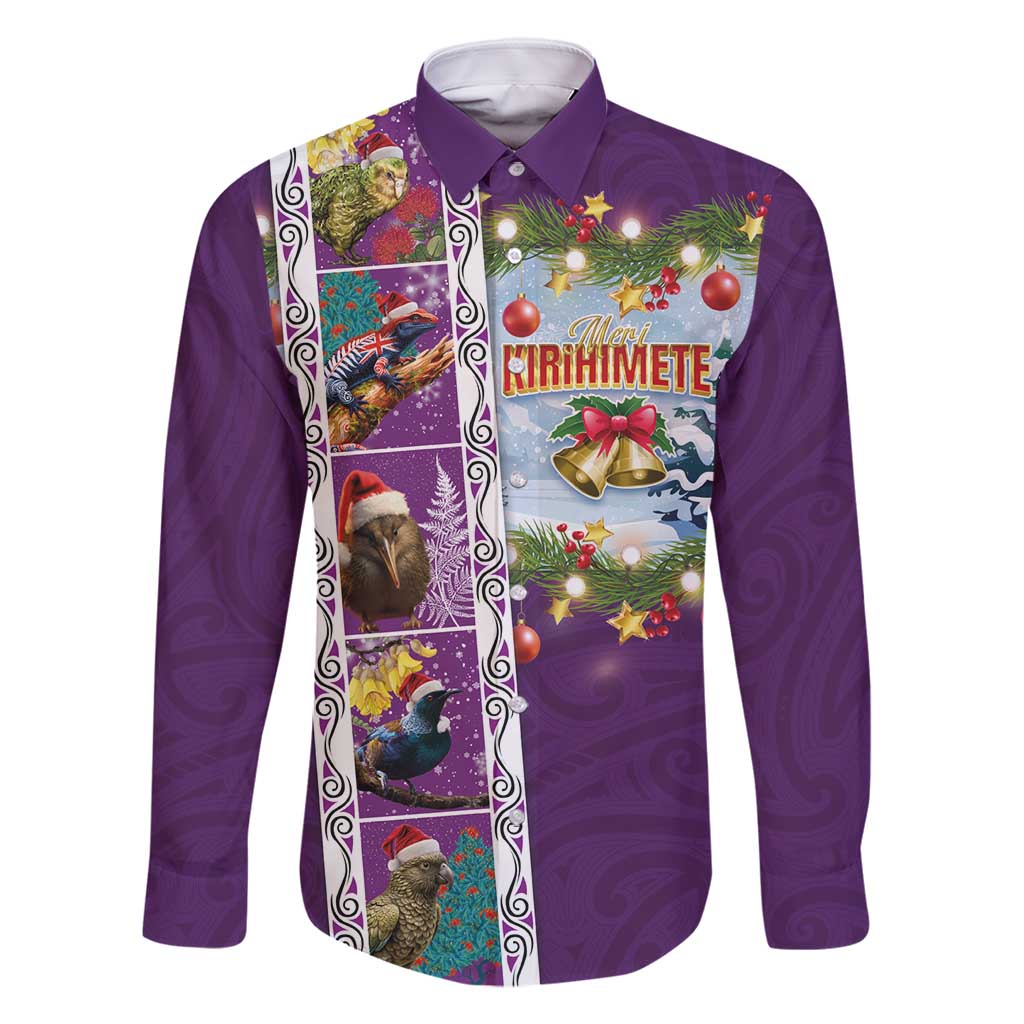 New Zealand Merry Christmas Family Matching Summer Maxi Dress and Hawaiian Shirt Maori Animals, Koru Tattoo - Purple Xmas Style LT03 Dad's Shirt - Long Sleeve Purple - Polynesian Pride