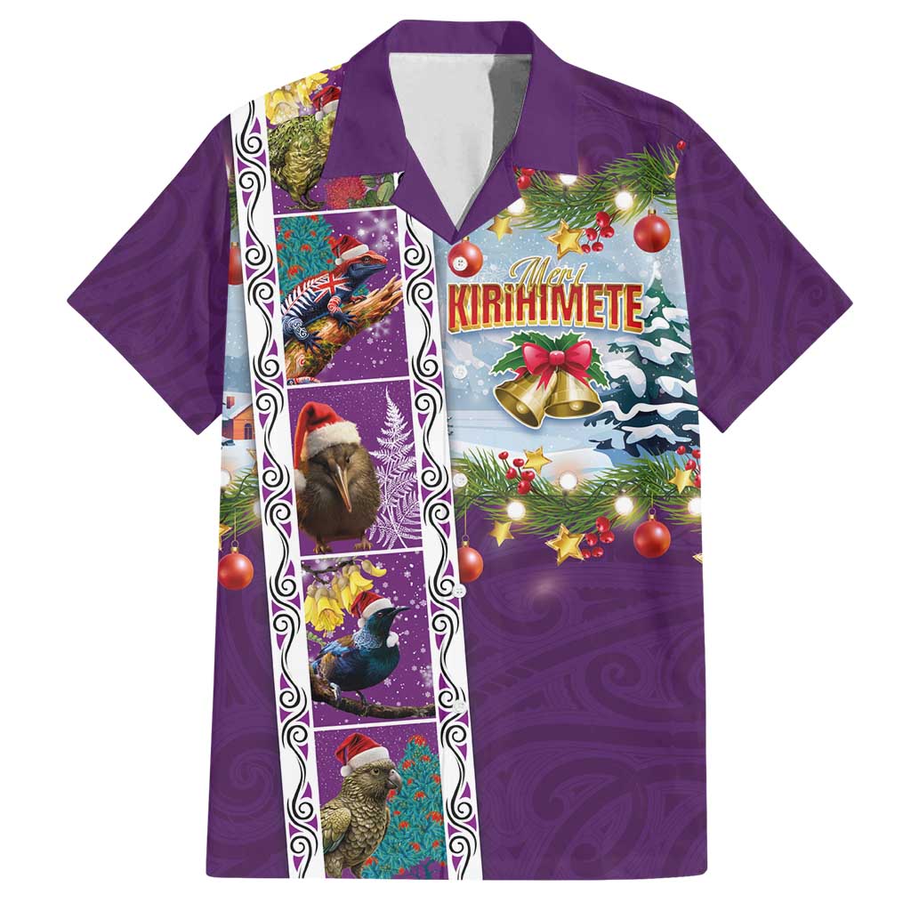 New Zealand Merry Christmas Family Matching Tank Maxi Dress and Hawaiian Shirt Maori Animals, Koru Tattoo - Purple Xmas Style LT03 Dad's Shirt - Short Sleeve Purple - Polynesian Pride