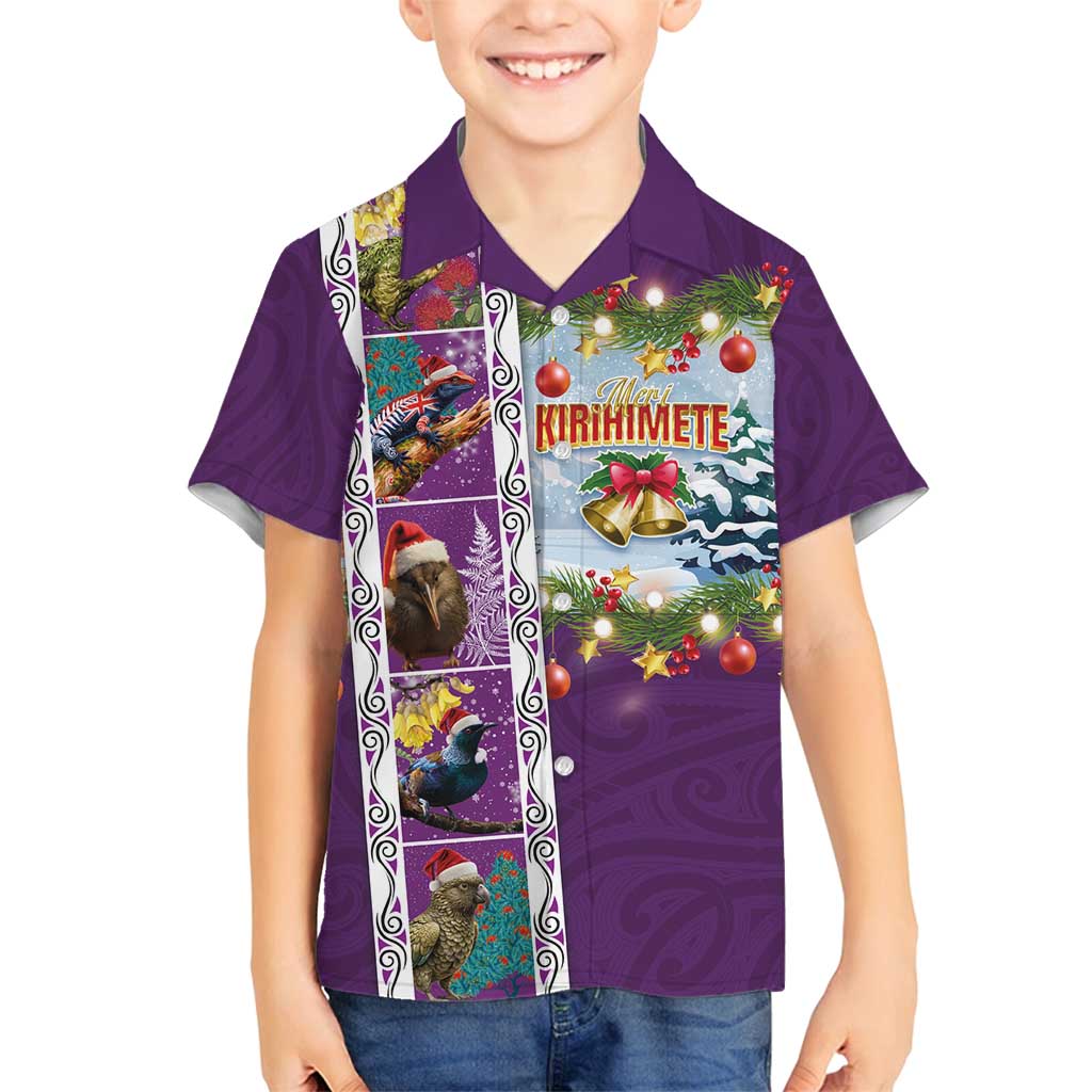 New Zealand Merry Christmas Family Matching Tank Maxi Dress and Hawaiian Shirt Maori Animals, Koru Tattoo - Purple Xmas Style LT03 Son's Shirt Purple - Polynesian Pride