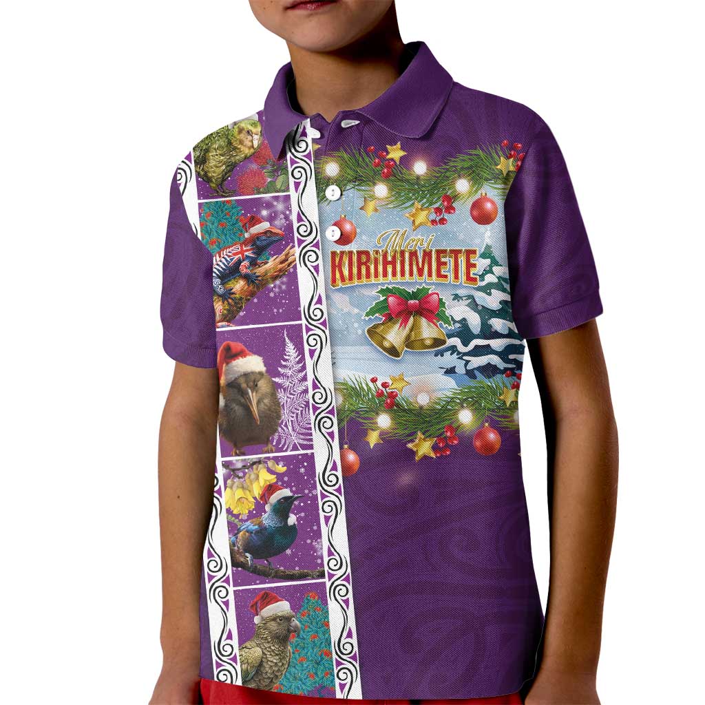 New Zealand Merry Christmas Kid Polo Shirt Maori Animals, Koru Tattoo - Purple Xmas Style LT03 Kid Purple - Polynesian Pride