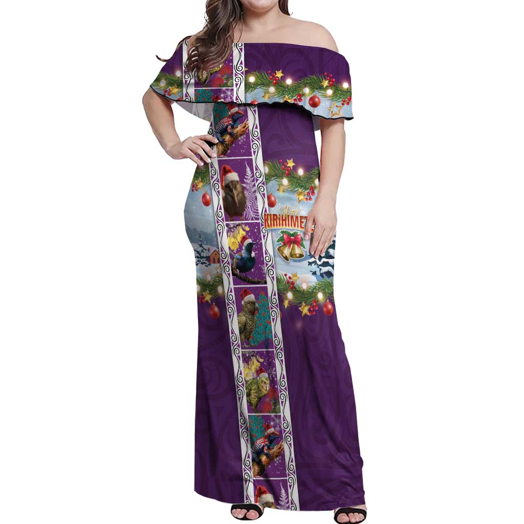 New Zealand Merry Christmas Off Shoulder Maxi Dress Maori Animals, Koru Tattoo - Purple Xmas Style
