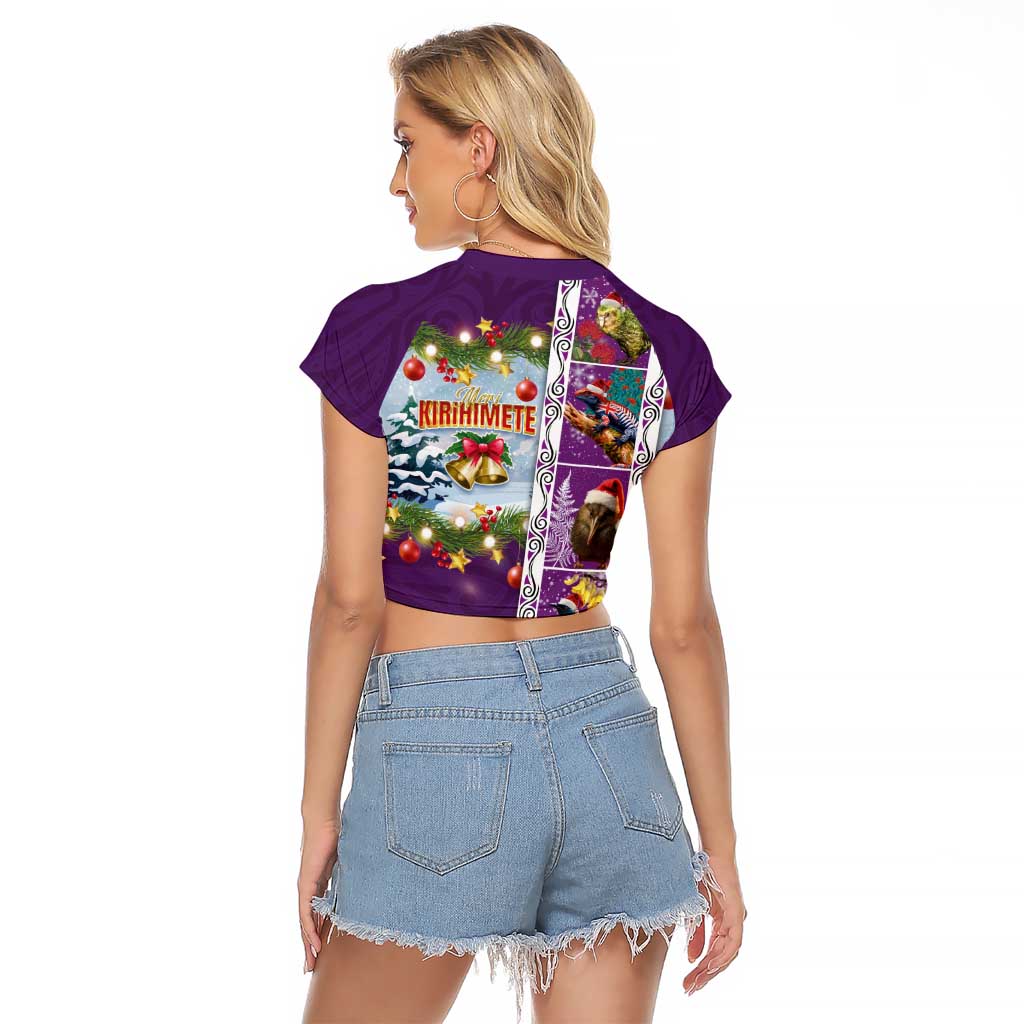 New Zealand Merry Christmas Raglan Cropped T Shirt Maori Animals, Koru Tattoo - Purple Xmas Style