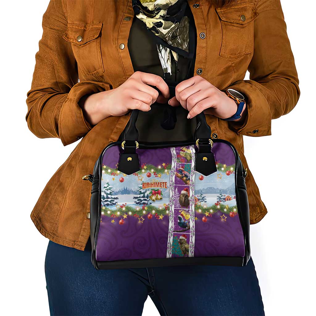 New Zealand Merry Christmas Shoulder Handbag Maori Animals, Koru Tattoo - Purple Xmas Style