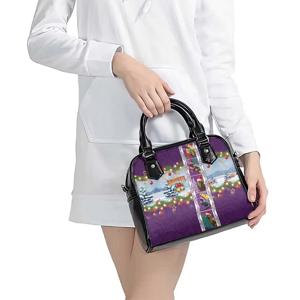 New Zealand Merry Christmas Shoulder Handbag Maori Animals, Koru Tattoo - Purple Xmas Style