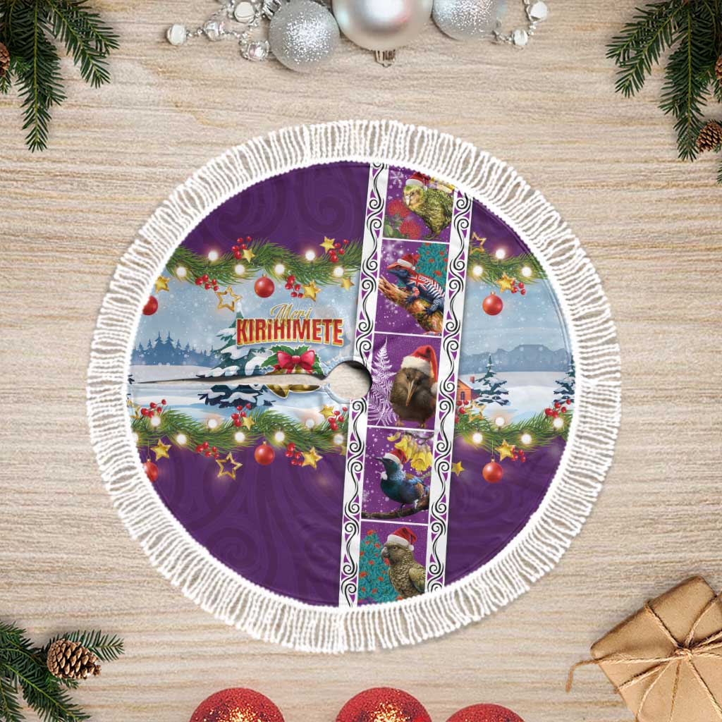 New Zealand Merry Christmas Tree Skirt Maori Animals, Koru Tattoo - Purple Xmas Style LT03 Fringed Purple - Polynesian Pride