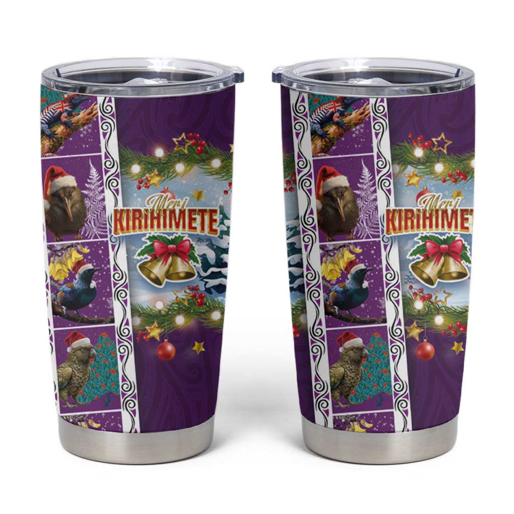 New Zealand Merry Christmas Tumbler Cup Maori Animals Xmas Style and Koru Tattoo Purple Color