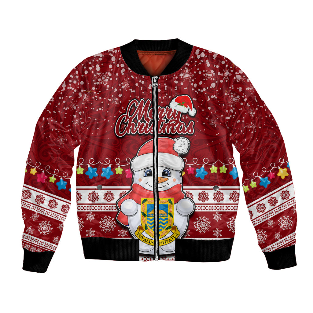 Tuvalu Christmas Bomber Jacket Snowman and Tuvalu Coat of Arms Maori Tribal Xmas Style LT03 Unisex Red - Polynesian Pride