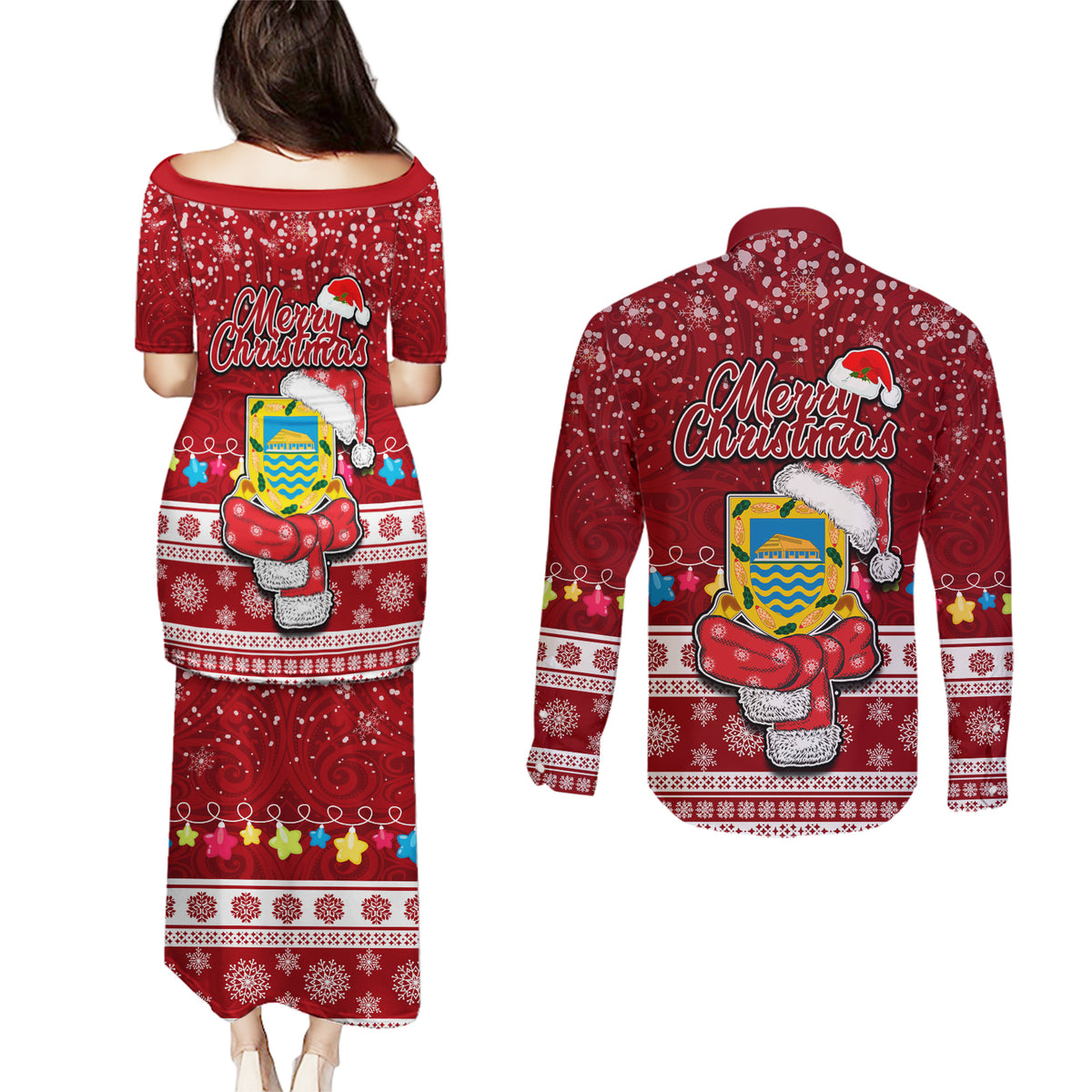 Tuvalu Christmas Couples Matching Puletasi Dress and Long Sleeve Button Shirt Snowman and Tuvalu Coat of Arms Maori Tribal Xmas Style LT03 - Polynesian Pride