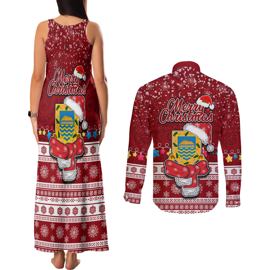 Tuvalu Christmas Couples Matching Tank Maxi Dress and Long Sleeve Button Shirt Snowman and Tuvalu Coat of Arms Maori Tribal Xmas Style LT03 - Polynesian Pride