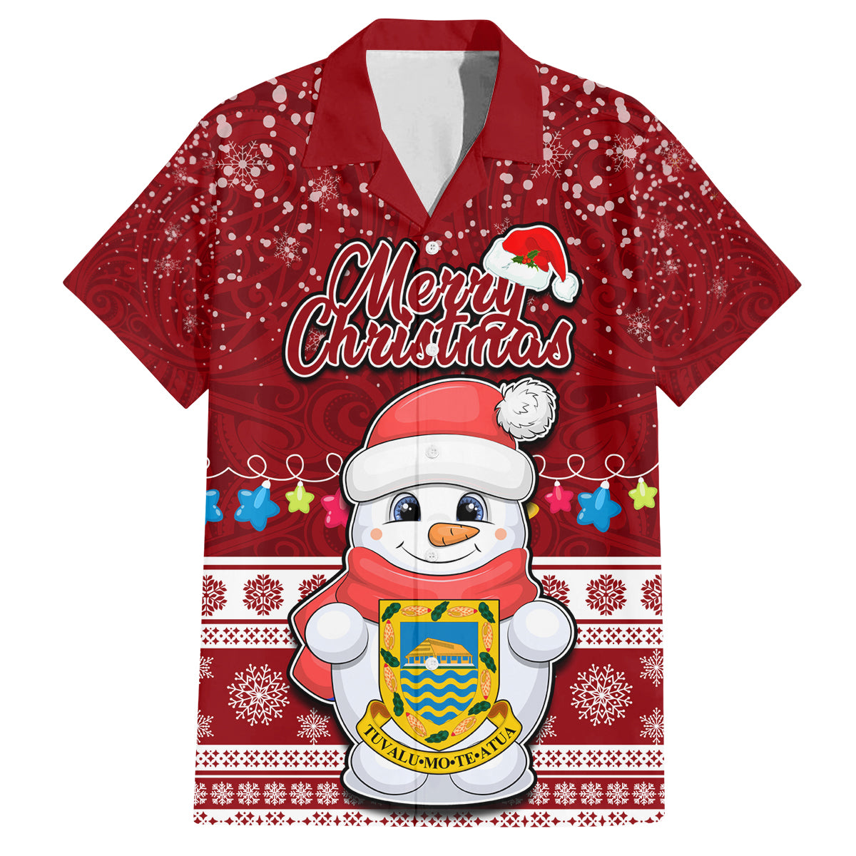 Tuvalu Christmas Family Matching Off Shoulder Short Dress and Hawaiian Shirt Snowman and Tuvalu Coat of Arms Maori Tribal Xmas Style LT03 Dad's Shirt - Short Sleeve Red - Polynesian Pride