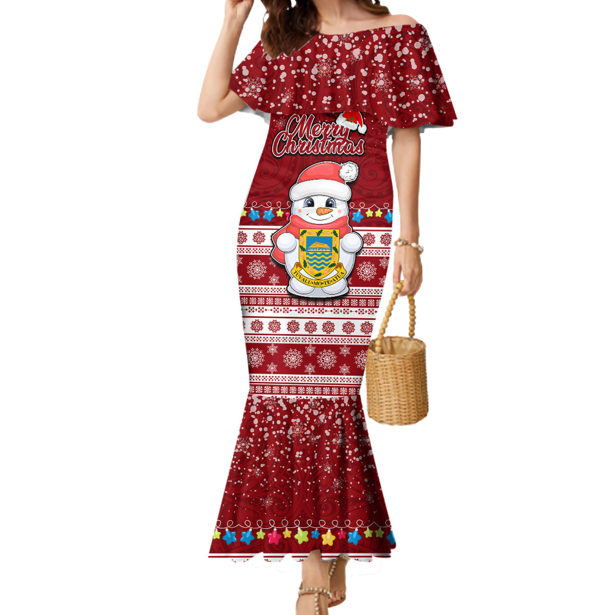 Tuvalu Christmas Mermaid Dress Snowman and Tuvalu Coat of Arms Maori Tribal Xmas Style LT03 Women Red - Polynesian Pride