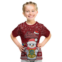 Personalised Tuvalu Christmas Kid T Shirt Snowman and Tuvalu Coat of Arms Maori Tribal Xmas Style LT03 Red - Polynesian Pride
