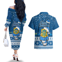 Tuvalu Christmas Couples Matching Off The Shoulder Long Sleeve Dress and Hawaiian Shirt Snowman Hugs Tuvalu Coat of Arms Maori Pattern Blue Style LT03 - Polynesian Pride