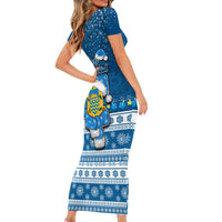 Tuvalu Christmas Short Sleeve Bodycon Dress Snowman Hugs Tuvalu Coat of Arms Maori Pattern Blue Style LT03 - Polynesian Pride
