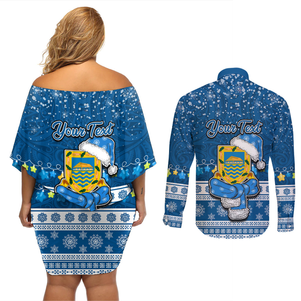 Personalised Tuvalu Christmas Couples Matching Off Shoulder Short Dress and Long Sleeve Button Shirt Snowman Hugs Tuvalu Coat of Arms Maori Pattern Blue Style LT03 - Polynesian Pride