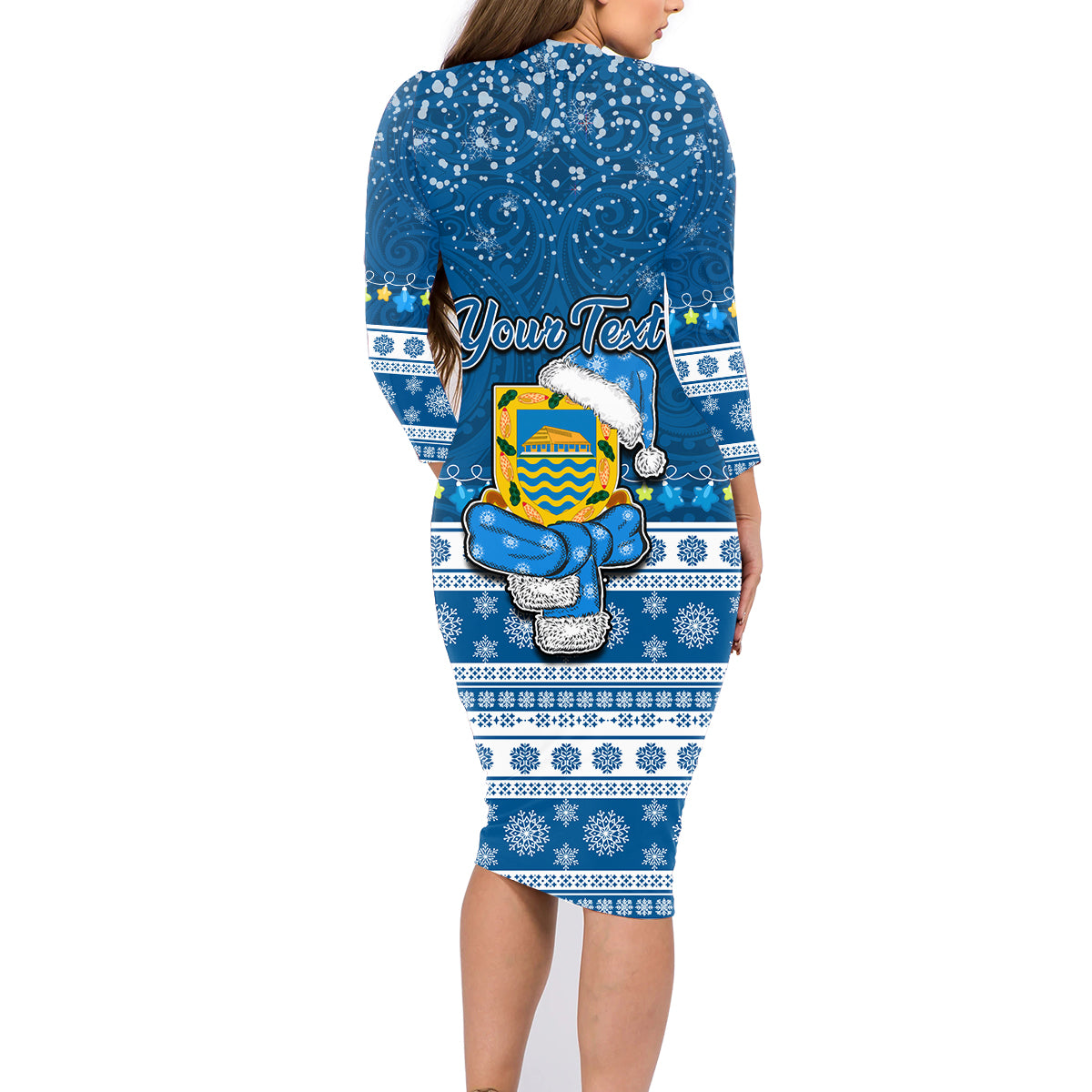 Personalised Tuvalu Christmas Family Matching Long Sleeve Bodycon Dress and Hawaiian Shirt Snowman Hugs Tuvalu Coat of Arms Maori Pattern Blue Style LT03 - Polynesian Pride