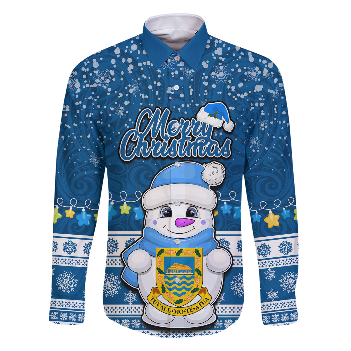 Personalised Tuvalu Christmas Family Matching Off Shoulder Maxi Dress and Hawaiian Shirt Snowman Hugs Tuvalu Coat of Arms Maori Pattern Blue Style LT03 Dad's Shirt - Long Sleeve Blue - Polynesian Pride