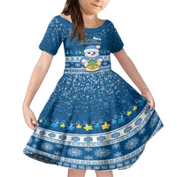 Personalised Tuvalu Christmas Family Matching Short Sleeve Bodycon Dress and Hawaiian Shirt Snowman Hugs Tuvalu Coat of Arms Maori Pattern Blue Style LT03 Daughter's Dress Blue - Polynesian Pride
