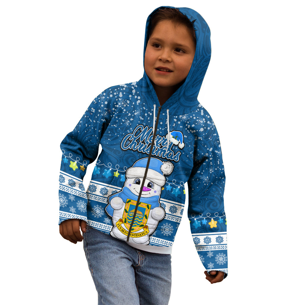Personalised Tuvalu Christmas Kid Hoodie Snowman Hugs Tuvalu Coat of Arms Maori Pattern Blue Style LT03 - Polynesian Pride