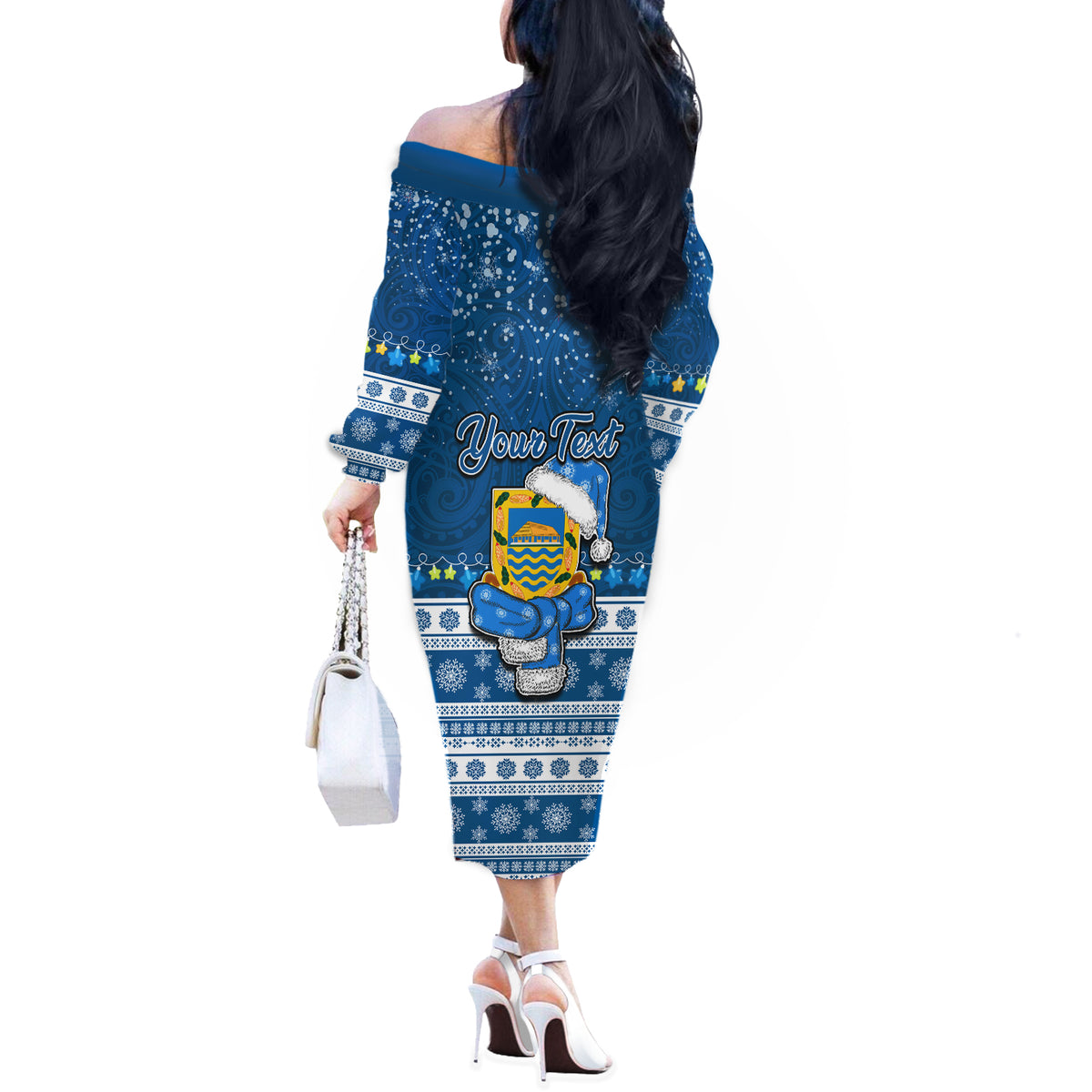 Personalised Tuvalu Christmas Off The Shoulder Long Sleeve Dress Snowman Hugs Tuvalu Coat of Arms Maori Pattern Blue Style LT03 - Polynesian Pride