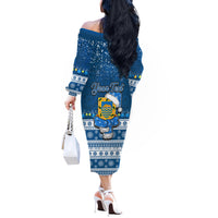 Personalised Tuvalu Christmas Off The Shoulder Long Sleeve Dress Snowman Hugs Tuvalu Coat of Arms Maori Pattern Blue Style LT03 - Polynesian Pride